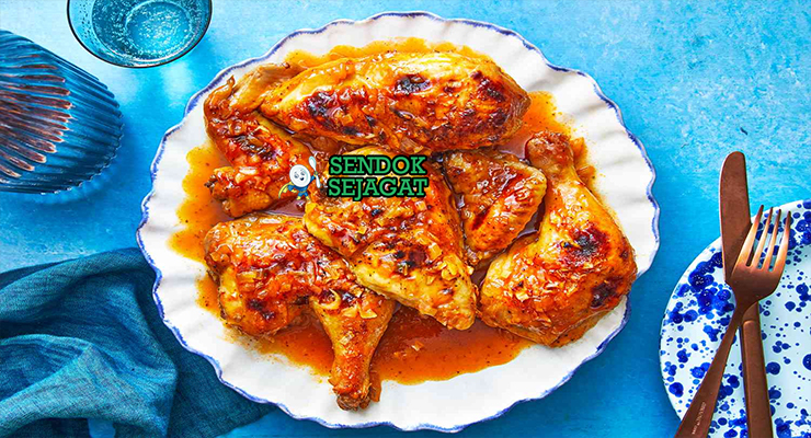 Apricot Chicken ayam paha kulit garing saus aprikot mengkilap karamel peterseli nasi putih