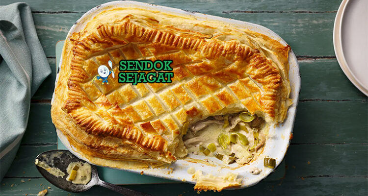 Chicken and Leek Pie puff pastry golden flaky filling ayam leek cream mustard mashed potato peas