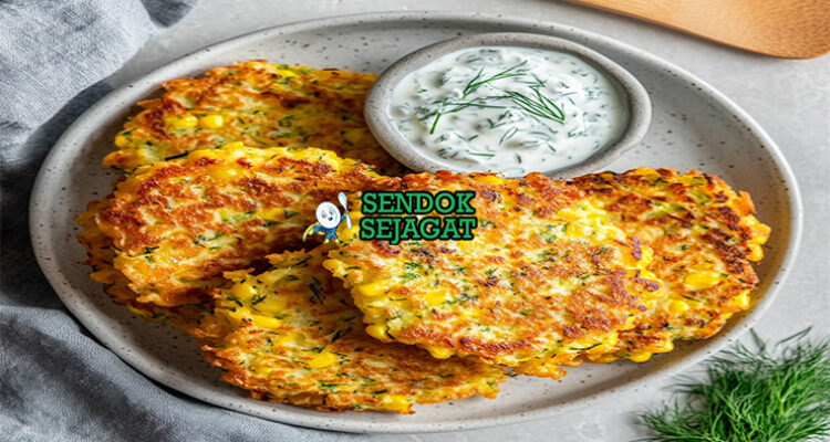 Corn and Zucchini Fritters tumpukan golden garing jagung zucchini feta poached egg avocado smash relish