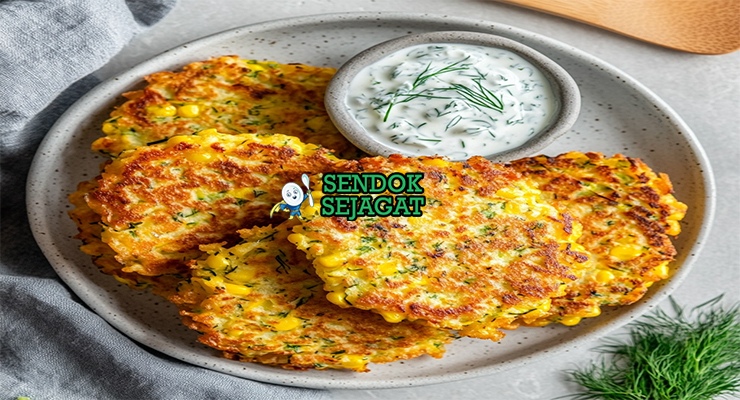 Corn and Zucchini Fritters tumpukan golden garing jagung zucchini feta poached egg avocado smash relish