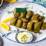 Dolmades gulung daun anggur isi nasi daging mint dill avgolemono lemon wedges peterseli