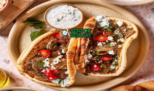 Gyros Juicy Garing Khas Athena Yunani Gyros pita gulung isi daging domba sapi irisan tzatziki tomat bawang kentang goreng lemon oregano