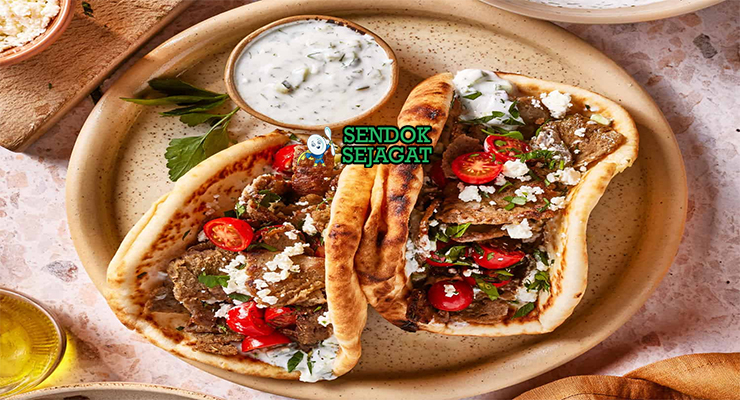 Gyros pita gulung isi daging domba sapi irisan tzatziki tomat bawang kentang goreng lemon oregano