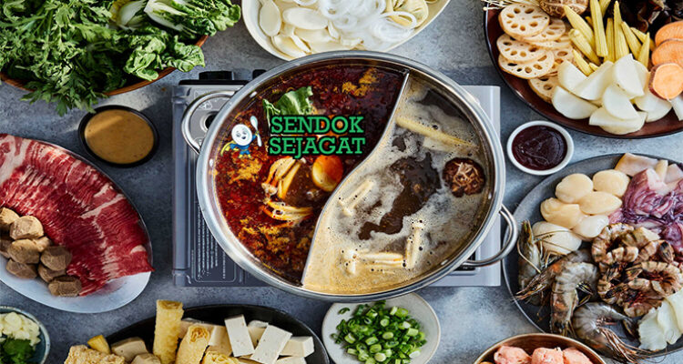 Hot Pot kuah merah ma la mendidih daging sapi tipis udang sayur enoki tofu dipping sauce sesame