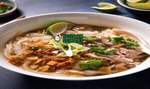 Khao Piak Sen Kenyal Harum Khas Vientiane Laos Khao Piak Sen mie beras tebal kenyal kuah bening ayam suwir telur jahe goreng daun bawang jaew bong