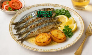 Sardinhas Assadas sardi utuh bakar arang garing garam kasar lemon wedges roti crusty salad kentang