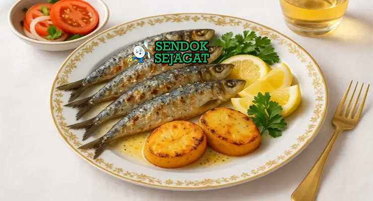 Sardinhas Assadas sardi utuh bakar arang garing garam kasar lemon wedges roti crusty salad kentang