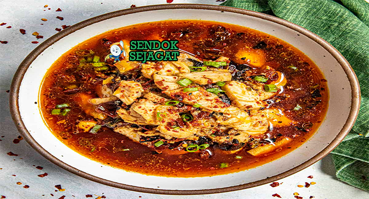 Sichuan Boiled Fish ikan fillet kuah merah ma la mendidih tauge daun bawang bawang goreng chili oil
