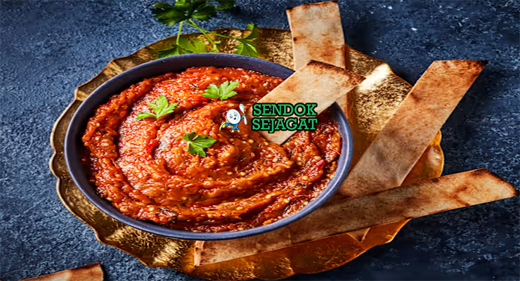 Zaalouk salad terung panggang tomat cumin paprika cilantro olive oil khobz olives harissa mangkuk