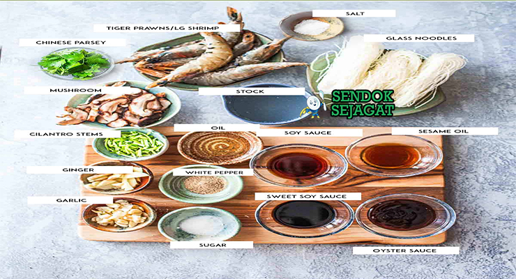 Bahan goong ob woonsen Thailand: udang segar, woonsen kaca, bawang putih, jahe, daun bawang, kecap ikan, saus tiram, gula aren