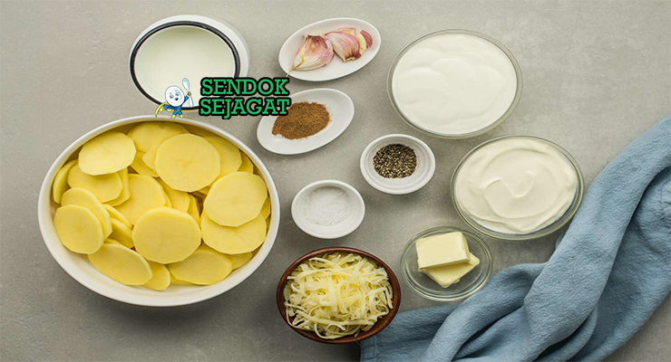 Bahan gratin dauphinois kentang krim susu bawang putih nutmeg thyme Gruyère butter loyang