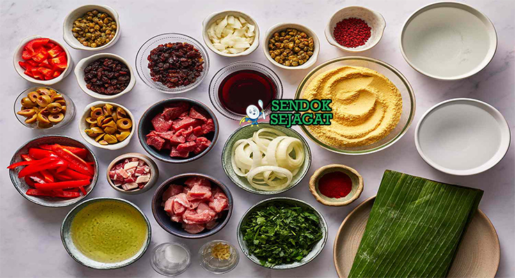 Bahan hallaca daging sapi babi beras kacang hijau achiote bawang tomat cumin oregano daun pisang