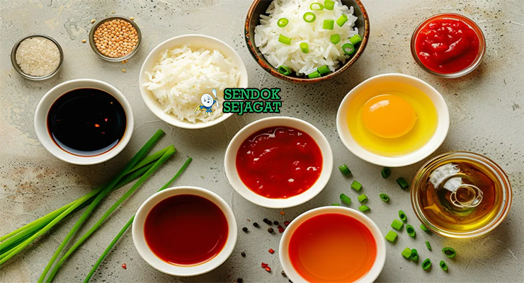 Bahan kai jeow Thailand: telur ayam, daun bawang, bawang putih, kecap ikan, lada putih, gula pasir, minyak goreng banyak