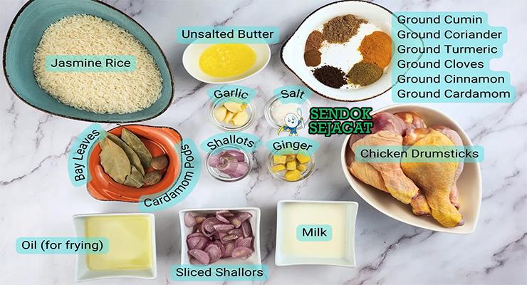 Bahan khao mok gai ayam kampung beras wangi santan kunyit jinten kapulaga cengkeh kayu manis kismis