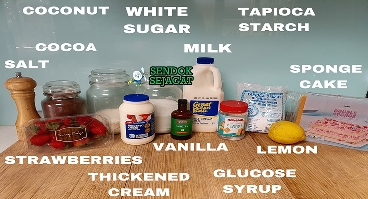 Bahan lamington ice cream sponge cake cokelat coating kelapa parut es krim vanila butter gula