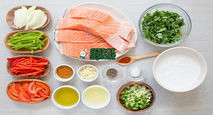 Bahan moqueca de peixe ikan segar santan dendê tomat bawang putih cabai ketumbar jeruk nipis