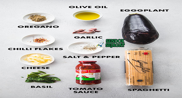 Bahan pasta alla norma terong ungu tomat San Marzano ricotta salata basilico bawang putih spaghetti