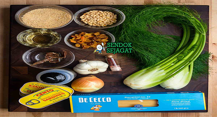 Bahan pasta con le sarde sardin segar tomat bawang putih kismis pinoli safron pecorino spaghetti