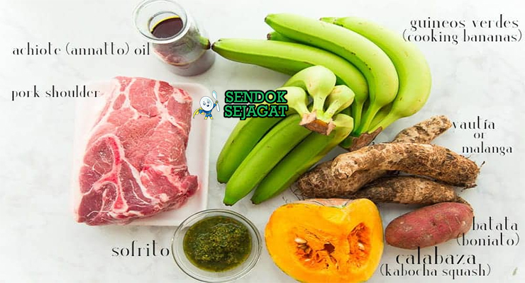 Bahan pasteles Puerto Rico: pisang hijau, yautía, calabaza, daging babi sapi, achiote, kismis, zaitun, caper, daun pisang