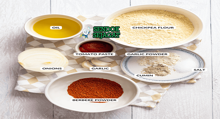 Bahan shiro Ethiopia: shiro flour (tepung kacang kikir), berbere, bawang merah, bawang putih, tomat, minyak, injera