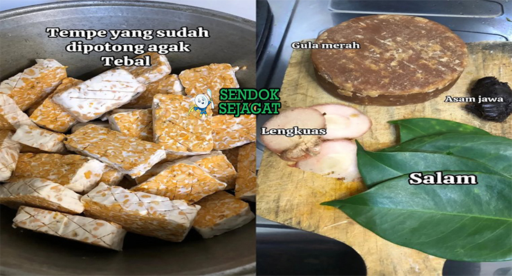 Bahan tempe bacem Jawa Tengah: tempe segar, kecap manis, gula merah, bawang putih, lengkuas, serai, daun salam, daun jeruk