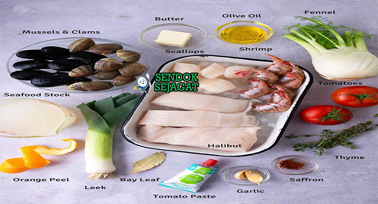 Bahan bouillabaisse seafood ikan saffron fennel tomato orange zest thyme rouille garlic