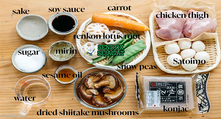 Bahan chikuzenni ayam kampung dashi kombu katsuobushi daikon renkon takenoko shiitake mirin sake kecap