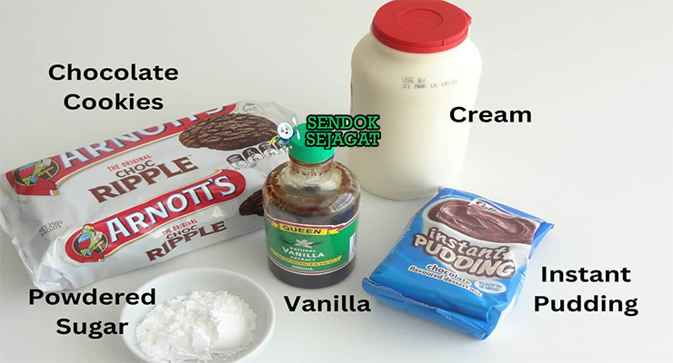 Bahan Chocolate Ripple Cake Australia: biskuit Arnott’s Chocolate Ripple, heavy cream, gula kastor, vanila, cokelat serut, loyang loaf