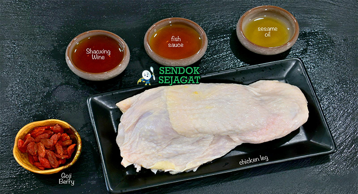 Bahan drunken chicken ayam utuh Shaoxing wine jahe wolfberry daun bawang garlic soy sauce