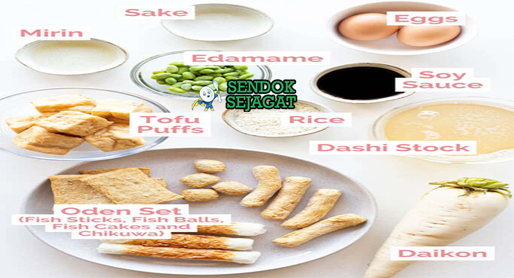 Bahan oden Jepang dashi kombu katsuobushi daikon konnyaku chikuwa hanpen atsuage ganmodoki telur rebus