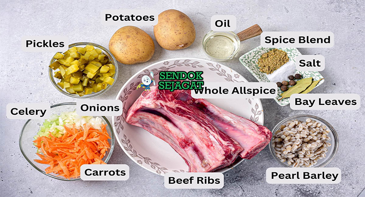 Bahan rassolnik barley pearl daging sapi timun asin dill wortel kentang sour cream roti