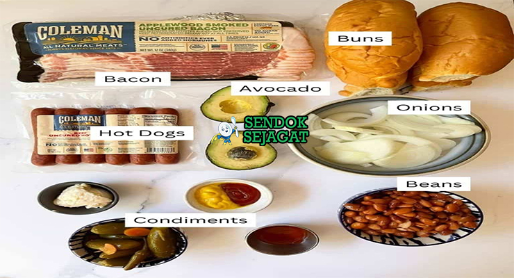Bahan sonoran hot dog sosis beef bacon bolillo bun pinto beans tomat onion jalapeño salsa