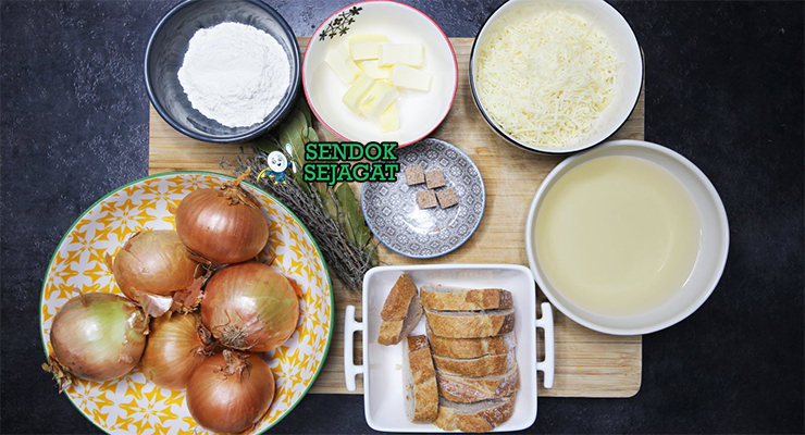 Bahan soupe a l oignon bawang bombay butter beef stock white wine thyme Gruyère baguette