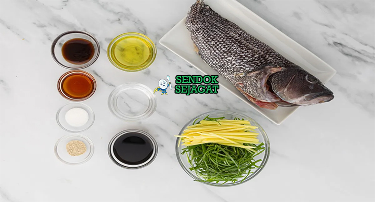 Bahan steamed fish ginger scallions ikan utuh jahe daun bawang Shaoxing wine soy sauce minyak wijen cilantro