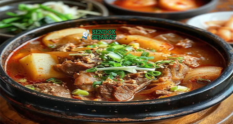 Gamjatang sup tulang babi kentang gochujang pedas ssukgat daun bawang wijen ddukbaekgi nasi kimchi