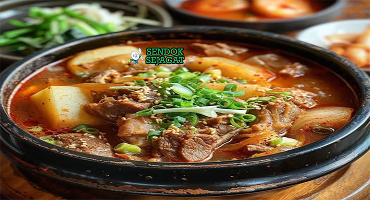 Gamjatang sup tulang babi kentang gochujang pedas ssukgat daun bawang wijen ddukbaekgi nasi kimchi