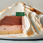 Baked Alaska es krim meringue golden renyah potong dramatis saus cokelat cranberry piring Amerika