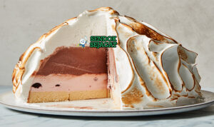 Baked Alaska es krim meringue golden renyah potong dramatis saus cokelat cranberry piring Amerika