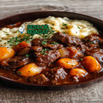 Bœuf Bourguignon kuah red wine merah pekat daging sapi empuk bacon mushroom carrot mashed potato baguette