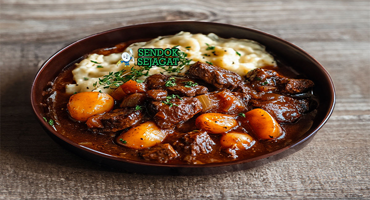Bœuf Bourguignon kuah red wine merah pekat daging sapi empuk bacon mushroom carrot mashed potato baguette