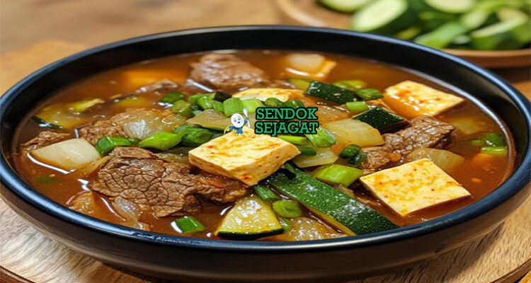 Doenjang-jjigae sup kedelai kental tofu zucchini bawang bombay daun bawang wijen ddukbaekgi nasi kimchi