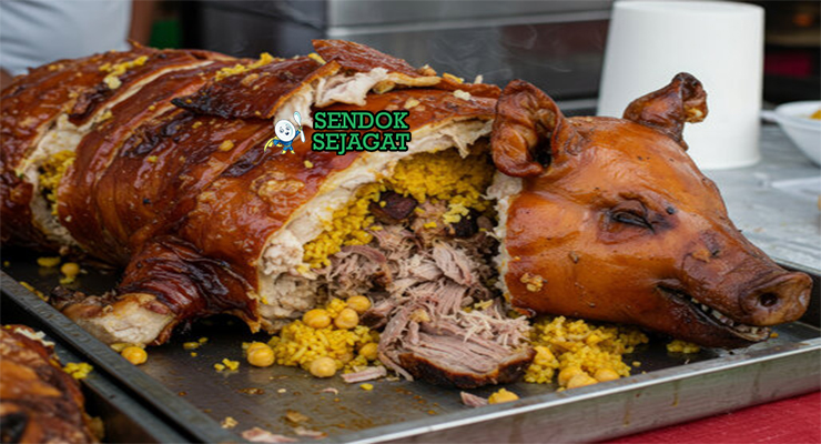 Lechona babi panggang utuh kulit renyah nasi kuning achiote arepas yuca piring Tolima Kolombia