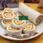 Potato Candy iris pinwheel peanut butter creamy gula bubuk coconut flakes chocolate drizzle piring