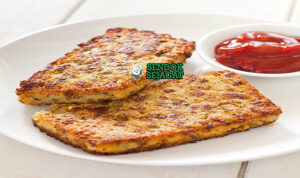 Scrapple patty goreng golden garing pork offal cornmeal telur mata sapi hash brown apple butter coffee