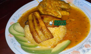 Seco de Pollo ayam empuk kuah hijau cilantro bawang paprika nasi putih patacones alpukat piring Ekuador