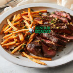 Steak Frites steak ribeye medium rare kentang goreng renyah saus persilade salad vinaigrette baguette piring Prancis