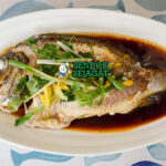 Steamed Fish with Ginger & Scallions ikan utuh kukus jahe julienne daun bawang soy sauce sizzling cilantro nasi