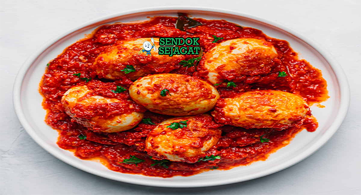 Telur Balado telur goreng renyah kuah sambal cabe merah nasi rendang gulai kerupuk piring Padang