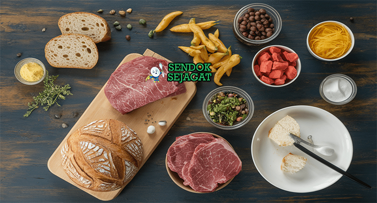 Bahan segar resep alheira Portugal: daging sapi cincang, roti tawar tanpa kulit, bawang bombay, bawang putih, peterseli segar, paprika bubuk, jinten, kulit sosis alami di atas meja dapur kayu