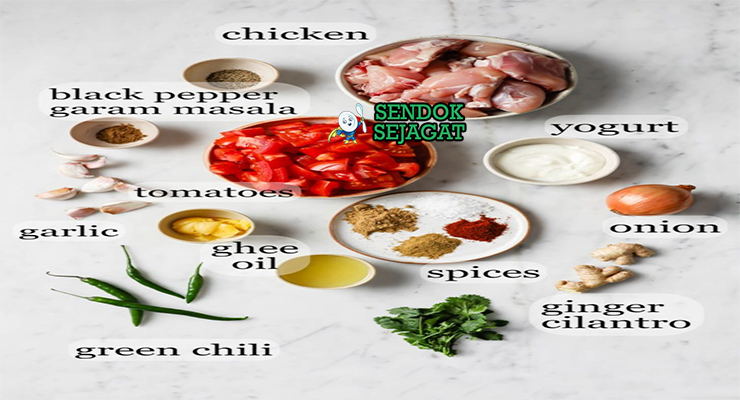 Bahan-bahan resep Chicken Karahi termasuk ayam potong, tomat, jahe bawang putih, cabai, yogurt, dan rempah bubuk siap dimasak
